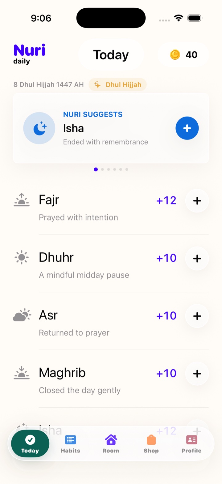 Nuri Today screen from the iOS simulator